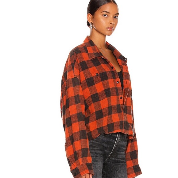 R13 Red and Black Buffalo Plaid Cropped Button-Up Shirt - Picture 12 of 14
